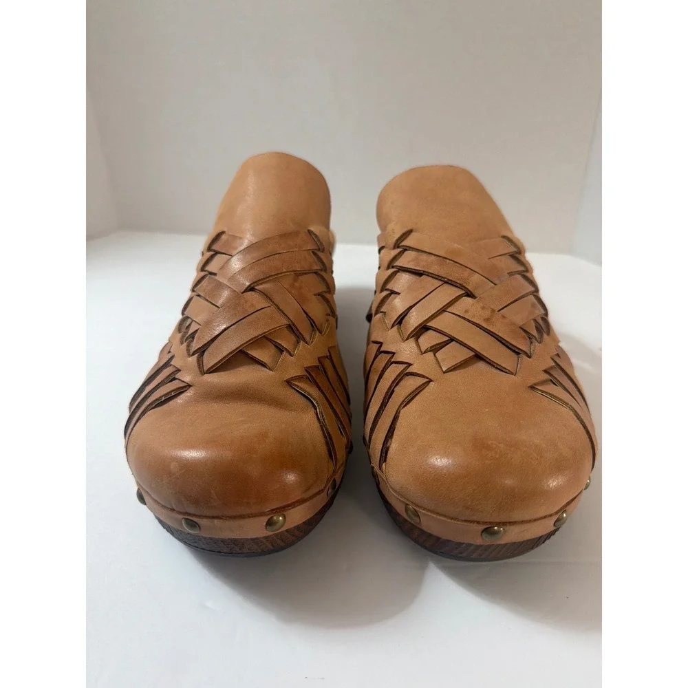 Korks by Kork-Ease Tan Woven Leather Wood Wedge Clogs Mules Size US 11 EU 43 - Picture 10 of 14